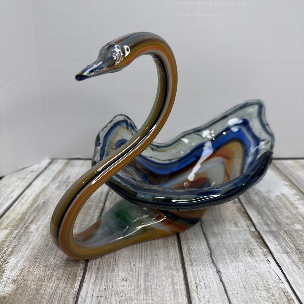 Vintage Murano Glass Swan DECOR Dish MCM ART Multicolor Swirl‎ Hand Blown 11x6x6